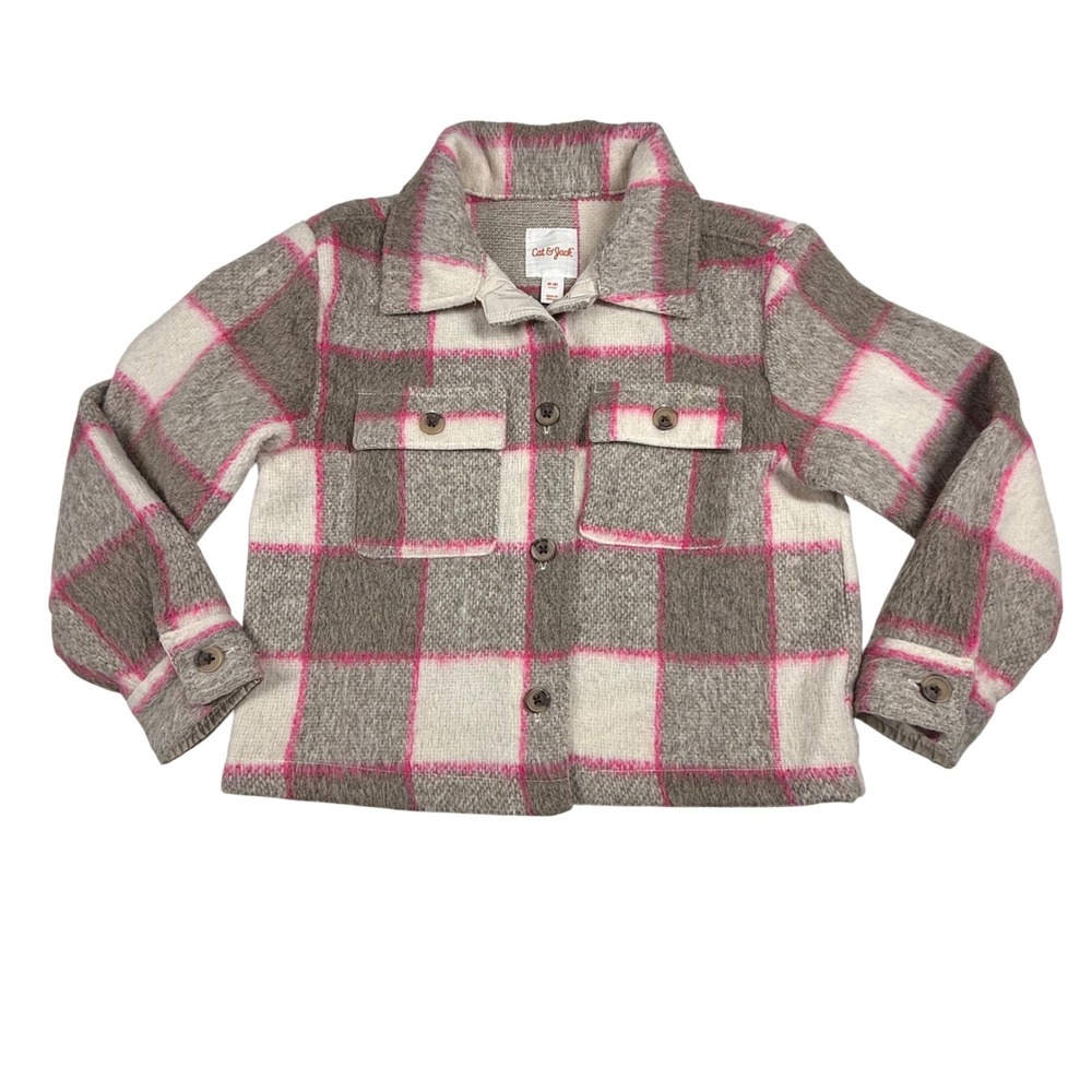 Cat & Jack Girls Plaid Shacket Jacket Grey Pink Cream Size M 8 Button Front
